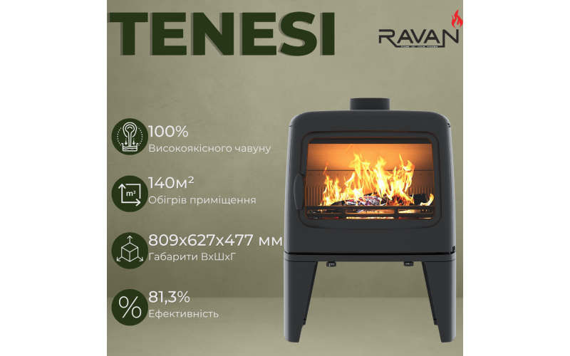 Чавунна піч-камін на дровах Ravan Tenesi 14 кВт Ravan Tenesi  фото
